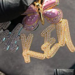 Custom Name Cursive Letters Pendant Butterfly Latch Double Layer Stones Gold Sier Rosegold 3Colors Cubic Zirconia Hip Hop Jewellery Drop Deliv