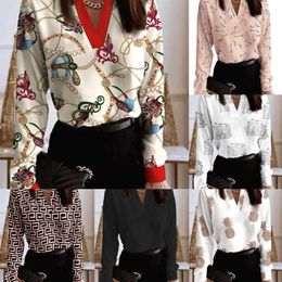 Spring Autumn Women Shirts Blouses 2023 Designer Ladies Tops Fashion V-Neck Long Sleeve Printed Shirt Plus Size 3xl259P