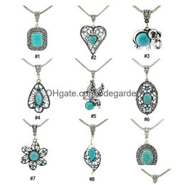 Pendant Necklaces Vintage Turquoise Square Elephant Heart Leaves Flower Natural Stone Long Chains For Women Fashion Jewelry Gift Drop Dhsrh