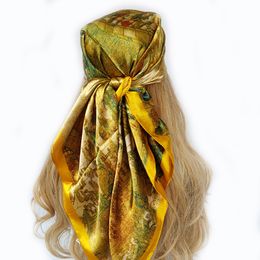 Scarves 9090cm Fashion Imitated Silk Scarf Ladies Outdoor Print Luxury Neck Hair Decorate Headband Small Kerchief Soft Wrap 230915