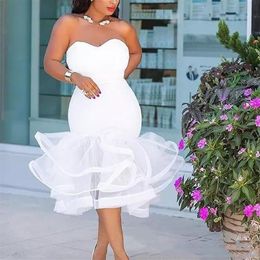 2019 White Plus Size Mermaid Wedding Dresses Sweetheart Sleeveless Bridal Gowns Tea-Length Tiered Ruffle Custom Made Wedding Dress263O