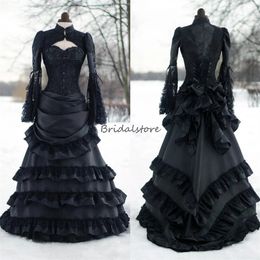 Black Renaissance Victorian Gothic Wedding Dress 2023 With Jacket Corset Vintage Aesthetic Medieval Bridal Dress Vampire Bride Robe De Mariee Vestidos Novias Boda