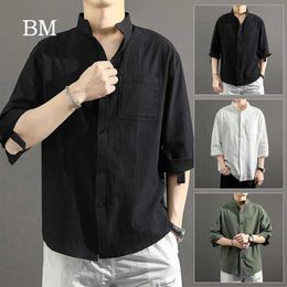 Summer Thin Linen Shirt Male Loose Short Sleeve 5XL Korean Fashion Casual Five Point Sleeve Tops Men Harajuku Black Clothing295O