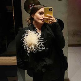 Pins Brooches Luxury Ostrich Feather Brooch For Women Fashion Lapel Pins Hair Hat Accessories Vintage Floral Feathers Corsage Pin 230915