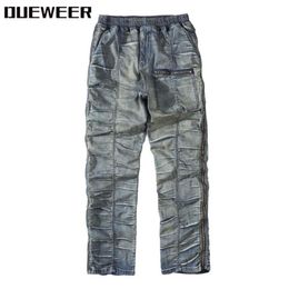 Dueweer Vintage Distressed Pleated Jeans Swag Streetwear Slim Fit Biker Jeans Men Hip Hop Double Side Zipper Denim Pant for Men250E