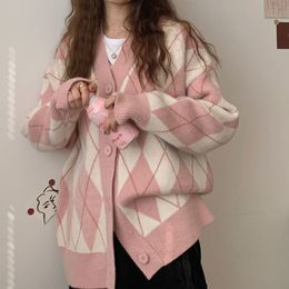 Women's Knits Tees Y2k Long Sleeve Pink Cardigan for Girls Vintage Loose Argyle Pattern Sweater Women Korean Fashion Single Breasted Knitwear Tops 230914