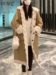 Women's Fur Faux Fur UCXQ Women Hooded Reversible Wearing Lamb Wool Coats Casual Loose Single Breasted Long Sleeve High Quality Wool Blends Jacket 230915