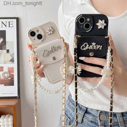 Cell Phone Cases Suitable for iPhone 14 wallet card case 13 bow pearl 11 bracelet 12 precision hole XR flower Q230915