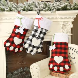 Christmas Decoration Plaid Dog Paw Socks Christmas Tree Hanging Stockings Candy Gift Bag Festive Party Xmas Ornament