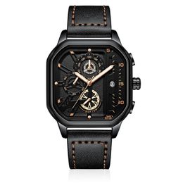 Cool Black NEKTOM Brand Hollow Out Mens Watches Accurate Quartz Watch Leather Strap Luminous Square Dial Wristwatches271C