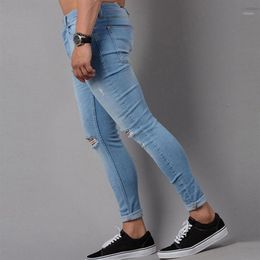 Skinny Blue Jeans Men Autumn Vintage Denim Pencil Pants Casual Stretch Trousers 2019 Sexy Hole Ripped Male Zipper Jeans1222V