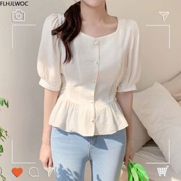 Women's Blouses Shirts Cute Sweet Ruffled Peplum Tops Summer Korean Chic Japan Style Flhjlwoc Preppy Girls Semi Transparent Shirt Women Top Blouses 230915