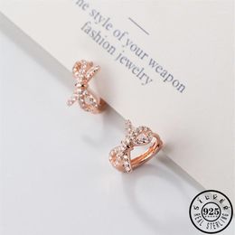 Hoop & Huggie 925 Sterling Silver Zircon Bowknot Shape Small Earrings Rose Gold Colour Round Circle Ear CZ Earings Jewellery For Wome312U