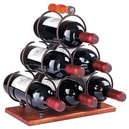 6 Bottles Retro Portable Wood Metal Wrought Iron Wine Rack Countertop Cabinet Porch -Stand Wine Storage Holder Space Saver Pro282p