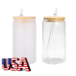 USA CA Warehouse Clear Frosted 16oz Bubble Tea Cup Blank Sublimation Beer Glass With Bamboo Lid