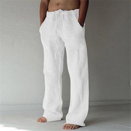 Men's Pants Men Casual Pants Solid Full Length Soft Linen Pants Mid Waist Pocket Drawstring Trousers Streetwear Y2K Loose Trousers 230915