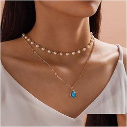 Pendant Necklaces Elegant Imitation Pearl Water Drop Semi-Precious Stone Necklace Women Vintage Geometric Clavicle Jewellery Gift Delive Dh035