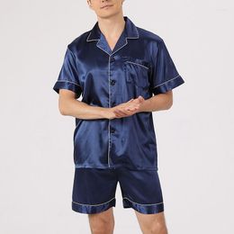 Men's Sleepwear Men Pyjama Sets Ice Silk Satin Short Sleeve Shirt Shorts 2Pcs Suit Summer Thin Solid Colour Male Casual Home Clothes
