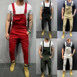 New Pantalones Jeans Para Hombre Bib Pants Hip Hop Calsas Jeans Men Slim Fit Denim Jumpsuit Male Solid Colour Peto Hombre303I