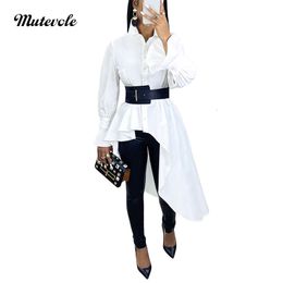 Women's Blouses Shirts Mutevole Women Casual Flare Sleeve Irregular Blouse Shirt Sexy Asymmetrical Long Shirt Fashion Front Button White High Low Tops 230915