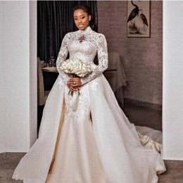 Luxury Africa High Neck Mermaid Wedding Dresses Bridal Gowns With Detachable Train Lace Appliqued Full Sleeves Long Bride Dress ro227V