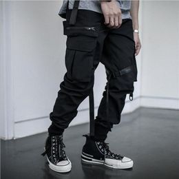 Ropa informal estilo Hip Hop con múltiples bolsillos para hombre, pantalones para correr negros, pantalones Cargo con cinta de algodón, cintura elástica, 181p