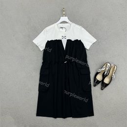 Womens Casual Dress Classic Black White Contrast Dress Fashion Drawstring Elastic Waist Summer Short Sleeved Clothing237C