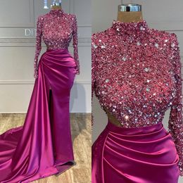 Pink sexy rosige Meerjungfrau Abend Pailletten High Neck Cutaway Sides Formale Party Prom Kleiderfalten Kleider für besondere OCN ES