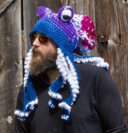 Wide Brim Hats Bucket Octopus Beard Hand Weave Knit Wool Men Christmas Cosplay Party Funny Tricky Headgear Winter Warm Couples Beanies Cap 230915