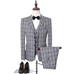 Men's Plaid Check Business Suits Men Wedding Party Latest Coat Pant Designs High Quality Jacket Vest & Blazers212n