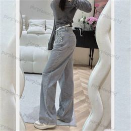 Womens Jeans Fashion Rhinestone Letter Gray Wide Leg Retro Wash High Waisted Casual Straight Leg Jeans