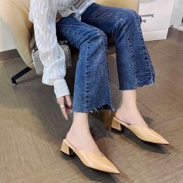 Slippers Pointed Women High Heels Summer Shoes Fashion Luxury Square Heel Slides Slip Loafers Mules Black Female Party
