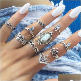 Cluster Rings Boho Midi Knuckle Finger Sets For Women Beach Opal Crystal Crescent Ancient Sier Geometric Bohemian Fashion Jewelry In D Dhk3V
