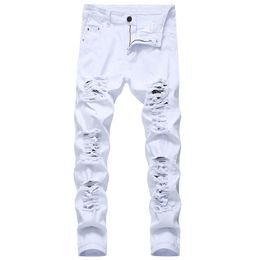 Mens Jeans White Fashion Hip Hop Ripped Skinny Men Denim Trousers Slim Fit Stretch Distressed Zip Jean Pants High Quality 230915