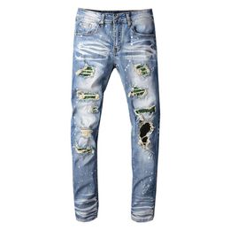 Men's Crystal Holes Ripped Jeans Slim Skinny Patchwork Distressed Blue Stretch Denim Pants Hip Hop Skinny Jeans Men186B