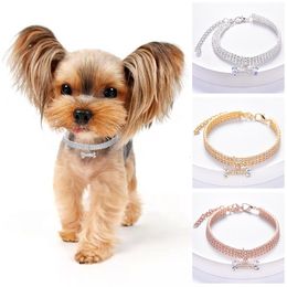 Dog Collars Leashes Adjustable Pet Necklace Cat Collar with Diamond Zircon Bone Pendant Jewellery Luxury Metal Copper Puppy Supplies 230915