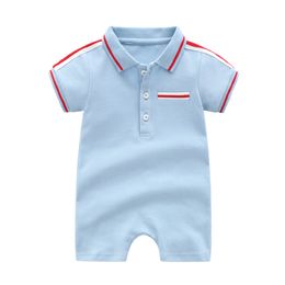 New 2023 summer fashion baby clothes handsome light blue short-sleeved cotton Baby boy girl romper 0-24 months