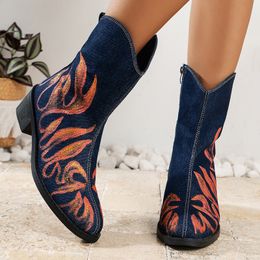 Boots Ethnic Denim Vintage Women Winter Autumn Fashion Cowboy Western Ladies Shoes Pointed Toe Chunky Heels Booties 230915