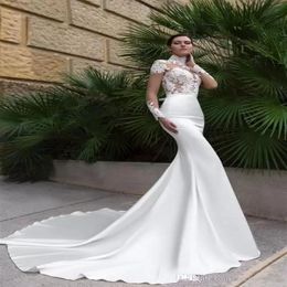 2022 New High Neck Crystal Sexy Mermaid Wedding Dresses See Through Back Sheer Long Sleeve Fitted Cheap Bridal Gowns with Sweep Tr274h