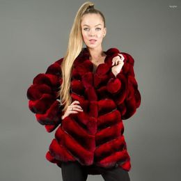 Women's Fur Red Hooded Coat Women Winter Fashion Rex Jacket Mid-Length Overcoat