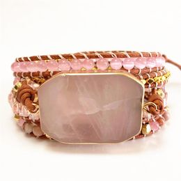 ST0101 New Design Women Bracelets Natural Rose Quartz Wrap Leather Bracelet Fancy Handmade Femme Boho Bracelets2589