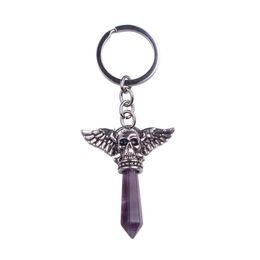 Key Rings Wholesale Vintage Skl Wings Pendant Keychain Hexagonal Column Natural Healing Crystal Gemstone Ring Drop Delivery J Dhgarden Dhswf