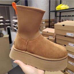 F23 Classic Dipper botas curtas de neve de couro de vaca fosco, meias elásticas de sola grossa e botas de neve para mulheres, novo tubo curto com zíper lateral, sapatos de pelúcia e algodão quente