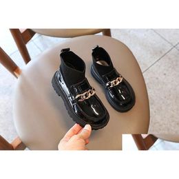 Kids Shoes Ankle Knit Patent Leather Boots Boy Girl School Uniform Dress Shoe Child Flat Metal Buckle British Style Boot 26-36 Drop De Dhifm