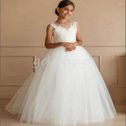 Girl Dresses Tulle Puffy White Ivory Flower V Neck For Wedding Birthday Party Bridesmaid With Bow Lace Sleeveless Dress