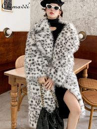 Women's Fur Faux Fur Black White Leopard Pink Fur Coat Winter Fashion Long Loose Lapels Furry Coats Loose Warm Lamb Wool Pocket Jackets 230915