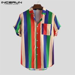 INCERUN Men Shirt Short Sleeve Lapel Colourful Striped Streetwear Blouse Casual Loose Fashion Hawaiian Beach Shirts Summer 2020254Y