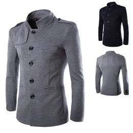 New Arrivals Winter Men Casual Stand Collar Chinese Tunic Suit Blazer Jackets Black Single Breasted Slim Jacket and Coat M-2XL287r