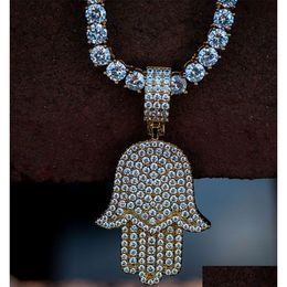 Diamond Hamsa Hand Evil Eye Pendant Real Icy Choker Necklace Yellow Gold Men Women Hiphop Jewellery Drop Delivery