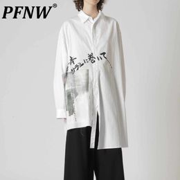 Men s Casual Shirts PFNW Autumn Long Sleeve Asymmetrical Print White Cotton High Street Japanese Gothic Women 12Z22 230915